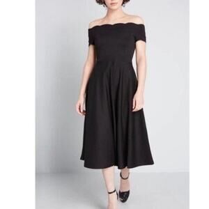 ModCloth Timeless Favorite Dress Large Ponte Scallop Off the Shoulder Midi Black
